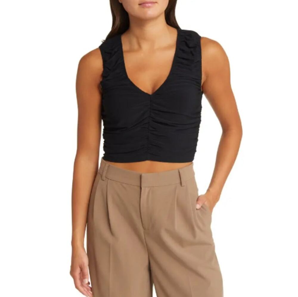 NEW OPEN EDIT NORDSTROM Women's Black Ruched Sleeveless V-Neck Top Size S